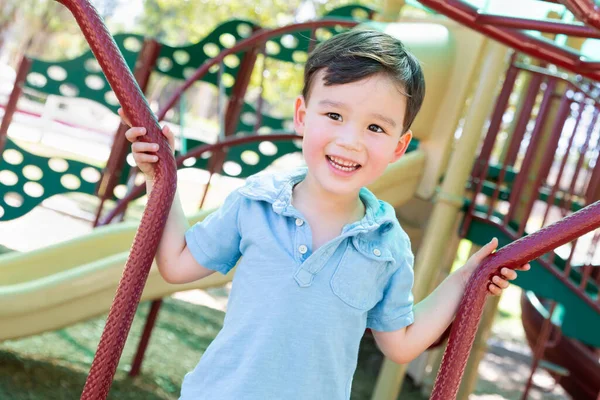 Chinese Caucasian Boy Having Fun Playground — 图库照片
