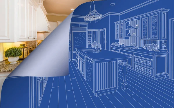 Προσαρμοσμένη Κουζίνα Σχέδιο Blueprint Γωνία Σελίδα Μπούκλες Για Αποκαλύψει Ολοκληρωθεί — Φωτογραφία Αρχείου