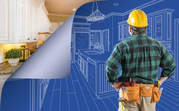 Contractor Standing Front Custom Kitchen Blueprint Drawing Page Corner Curling — Stock Photo, Image