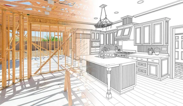 Budowa Domu Ramki Stopniowanie Projektowaniu Kuchni Rysunek — Zdjęcie stockowe