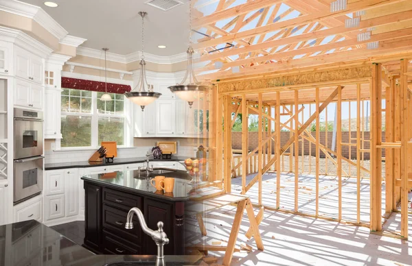 Finished Custom Kitchen Build Gradating House Construction Framing — Stock Photo, Image