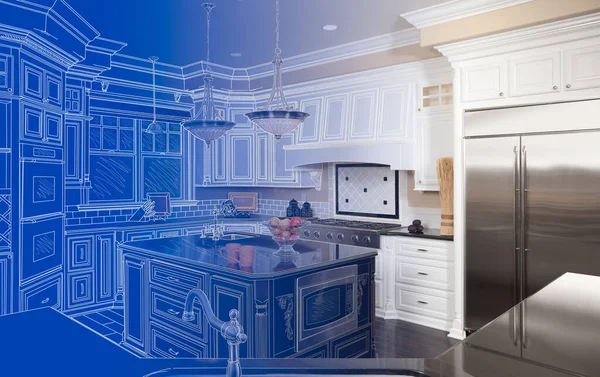 Kitchen Blueprint Drawing Gradating Finished Build — Stock Photo, Image