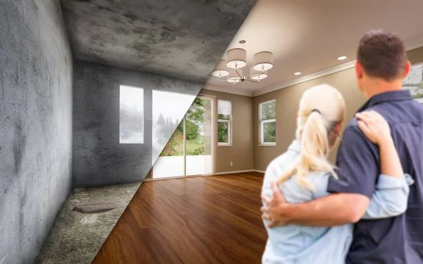 Pareja Adultos Jóvenes Mirando Antes Después Remodelar Habitación Vacía Casa —  Fotos de Stock