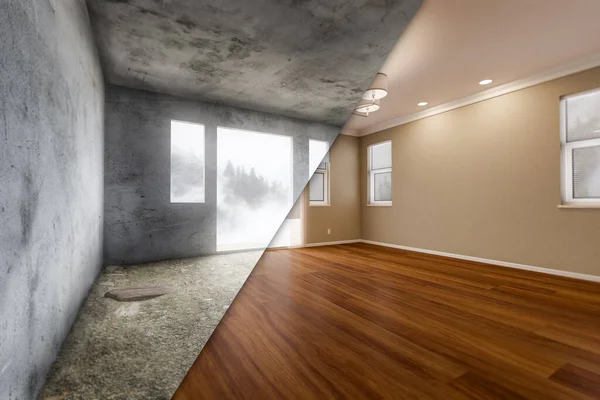 未完成の生と完成した木製の床 天井照明付きの家の新しく改装された部屋 — ストック写真