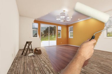 Erkek Boyama Roller 'ının Öncesi ve Sonrası Taze Sarı Ochre Boya ve Yeni Döşemeler ile Yeniden Yapılandırılmış Odayı Ortaya Çıkarmak İçin.