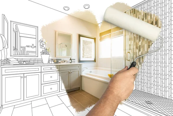 Man Painting Roller Reveal Newly Remodeled Bathroom Pencil Drawing Plans — Stock Photo, Image