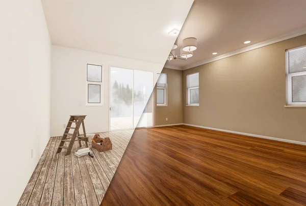 Unfinished Raw Newly Remodeled Room House Wood Floors Moulding Tan — Stock Photo, Image