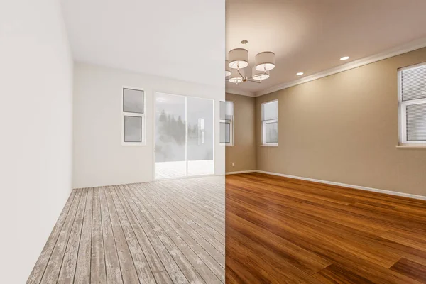 Unfinished Raw Newly Remodeled Room House Wood Floors Moulding Tan — Stock Photo, Image