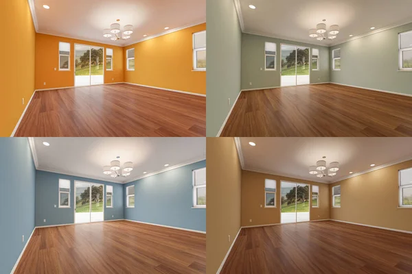 木の床 天井照明 4つの異なる塗装壁の色と家の新しく改装された部屋の比較 — ストック写真