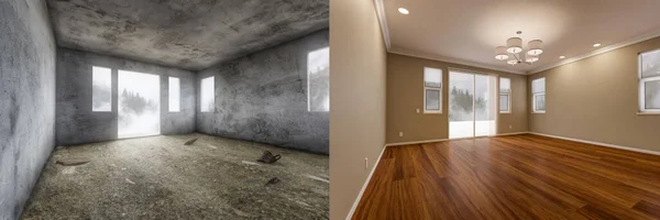 Vorher Und Nachher Von Unvollendeten Rohen Und Neu Renovierten Raum — Stockfoto