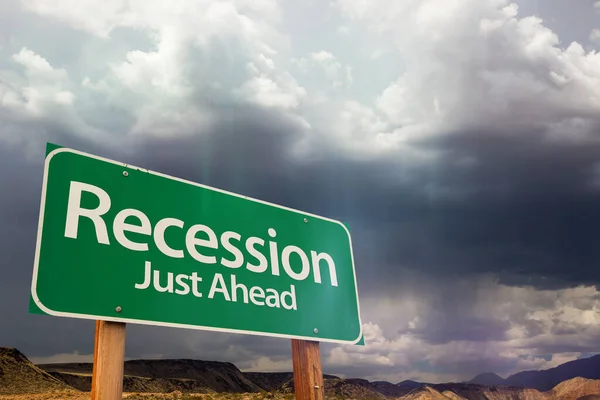 Recession Green Road Sign Dramatic Clouds Sky — Stock Photo, Image