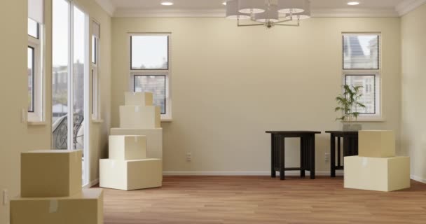 Pan Habitación Vacía Casa Con Solo Cajas Móviles Mesas Finales — Vídeo de stock