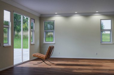 Boş Sandalye Boş Duvarlı Boş Oda 'da Cam Kapıya Karşı Oturuyor.