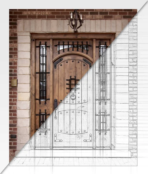 Custom House Front Door Blueprint Drawing Finished Construction — Stock Photo, Image