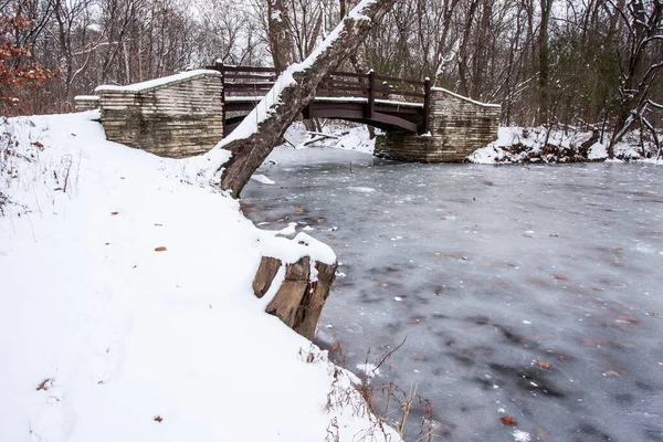 Rustic Bridge Frozen River Winter — Stock Photo, Image