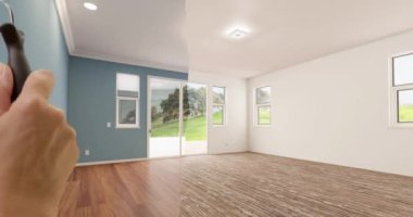 Female Hand Using Paint Roller to Reveal Before and After of Concept Line Drawing Design to Finished Bathroom Remodel.