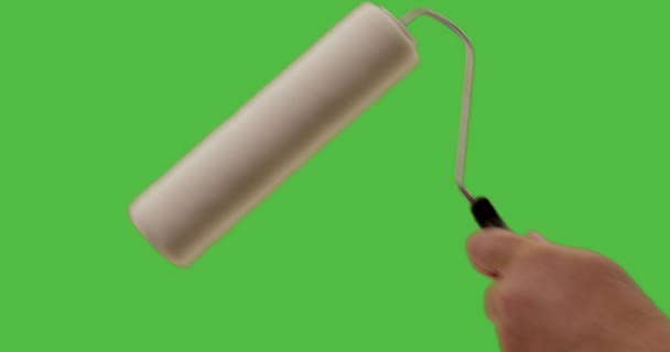 Male Using Paint Roller One Diagonal Stroke Back Green Screen — Stockvideo