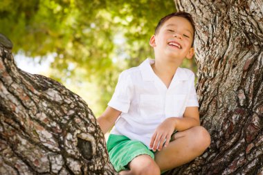 Outdoor portrait of a mixed race Chinese and Caucasian boy.