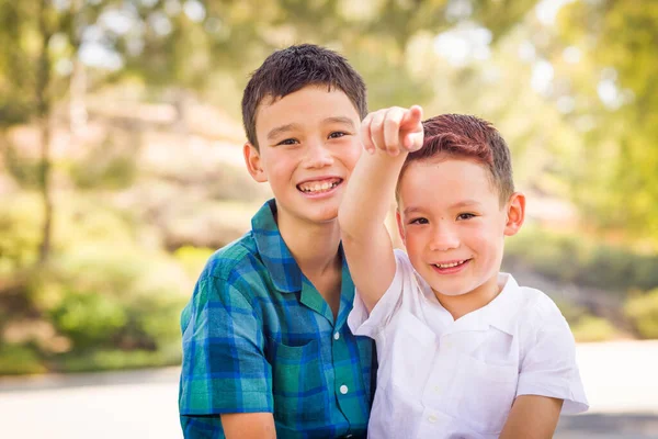 Outdoor Portrait Mixed Race Chinese Caucasian Brothers — Stock Photo, Image