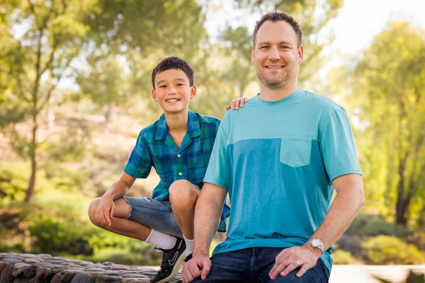 Outdoor Portrait Mixed Race Chinese Caucasian Father Son — Photo
