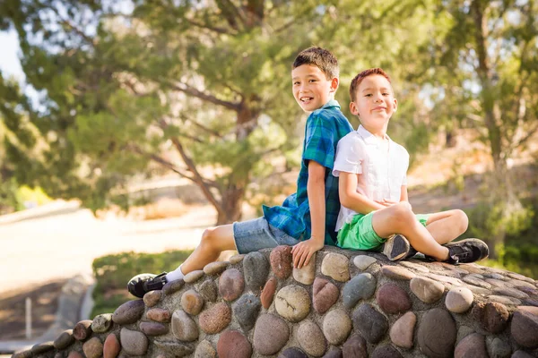 Outdoor Portrait Mixed Race Chinese Caucasian Brothers — Fotografia de Stock