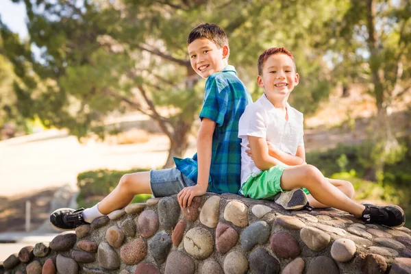Outdoor Portrait Mixed Race Chinese Caucasian Brothers — Stock Photo, Image