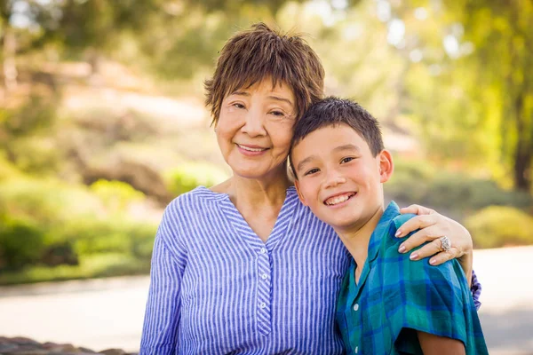 Outdoor Portrait Mixed Race Chinese Caucasian Boy His Chinese Grandmother — Stockfoto