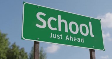 4k Pan of School Just Ahead Green Road Sign.