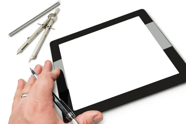 Mão Masculina Segurando Lápis Mecânico Branco Empty Computer Tablet — Fotografia de Stock