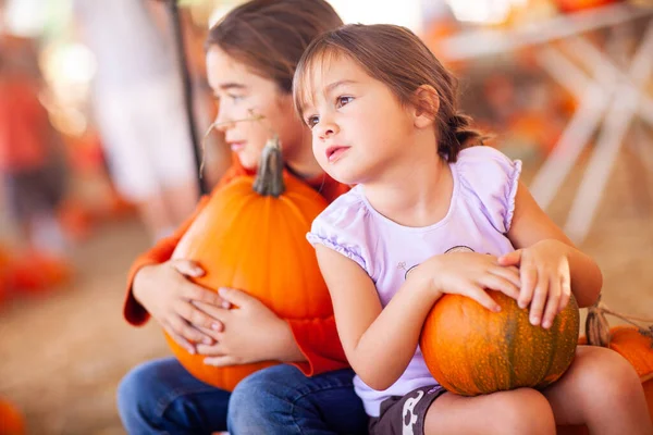Adorable Little Girls Holding Pumpkins Pumpkin Patch — Stock Photo, Image