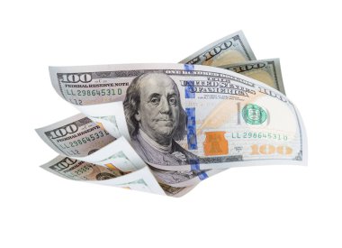 Üç Yüz Dolarlık Fatura Yüzüyor ya da Beyaz Arkaplanda Birlikte Düşüyor.