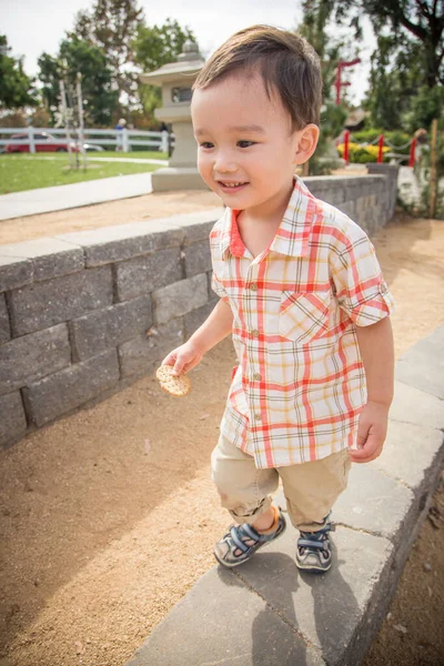 Jovem Chinês Caucasiano Menino Divertindo Parque — Fotografia de Stock
