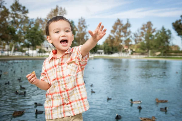 Młody Chińczyk Biały Chłopiec Zabawiający Się Parku Stawie Kaczkowym — Zdjęcie stockowe