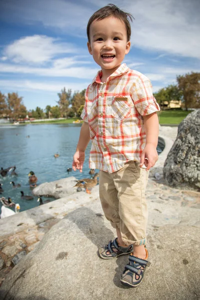 Jeune Chinois Caucasien Garçon Avoir Amusant Parc Canard Étang — Photo