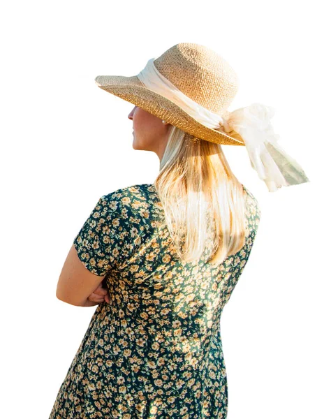 Pretty Caucasian Outdoors Girl Wearing Sundress Hat Facing Away Camera — Stock Photo, Image