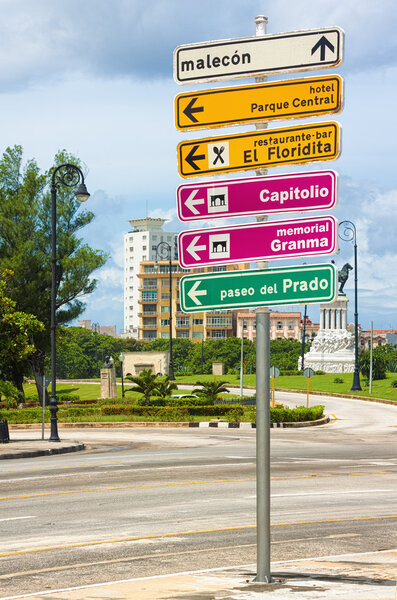 Signpost with directions to landmarks in Havana