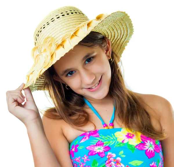 ヒスパニック系の女の子が水着姿と麦わら帽子を身に着けて — ストック写真