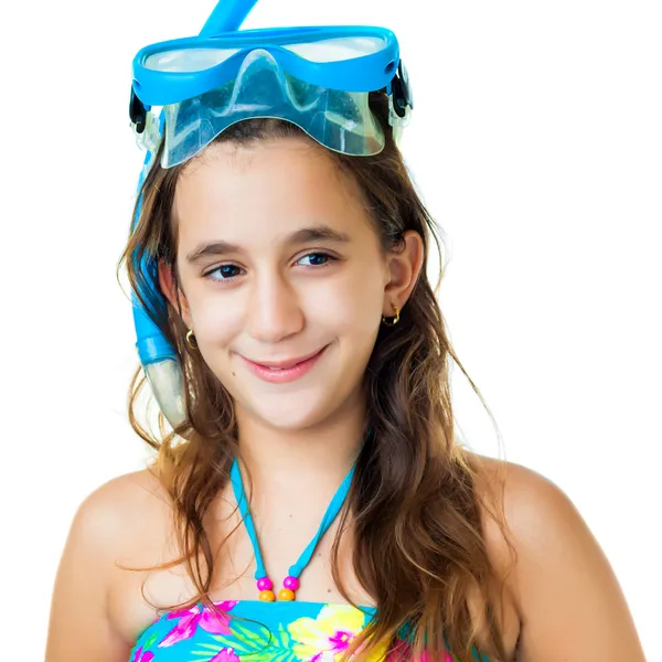 Hispanic girl with a diving mask and snorkel — Stock Photo, Image