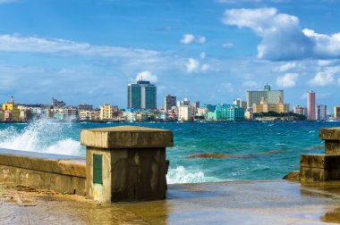 The skyline of Havana with a turbulent sea