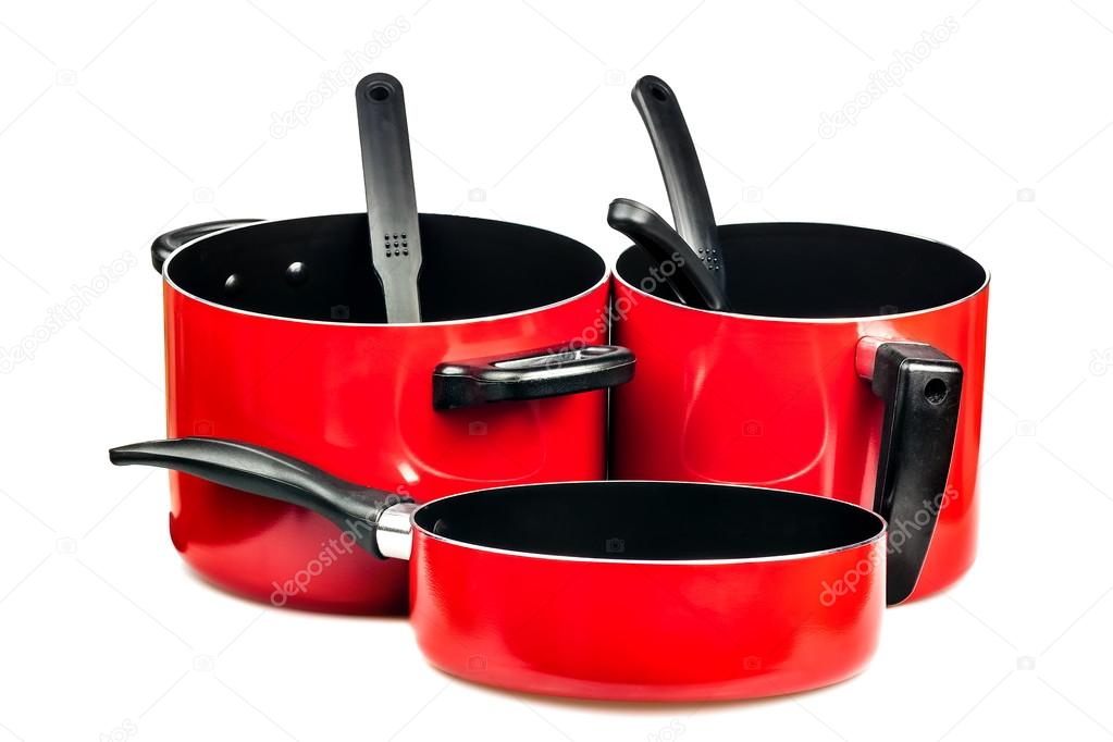 Red cooking pans and pots
