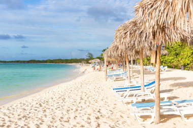 Küba'da tropikal bir plajda thatched şemsiye