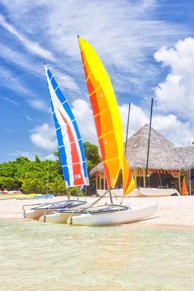 Kleurrijke catamarans in een resort op een strand in cuba — Stockfoto