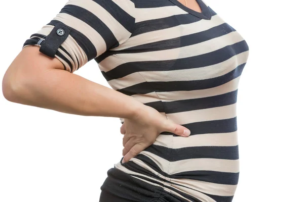 Woman suffering from back pain isolated on white — Stock Photo, Image