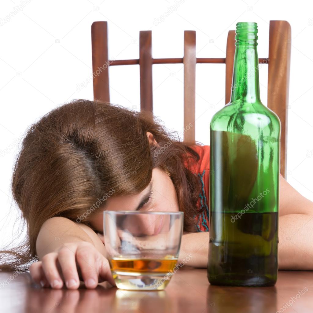 Drunk,sad and tired woman isolated on white