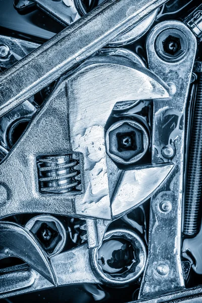 Set of tools wrenches and bolts toned in blue — Stock Photo, Image