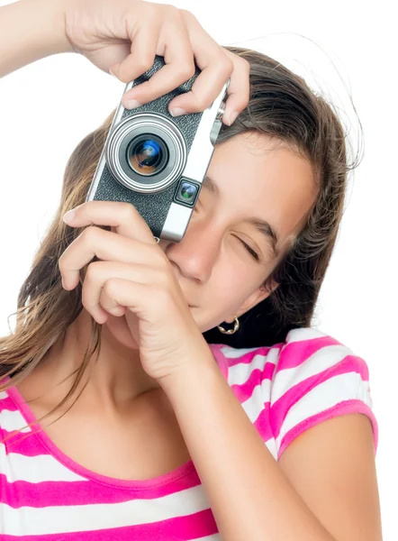 Fun happy young girl taking a photo — Stock Photo, Image