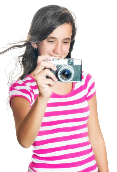 Весела щаслива молода дівчина робить фотографію — стокове фото