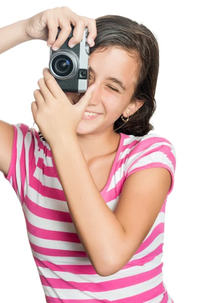 Fun happy young girl taking a photo — Stock Photo, Image