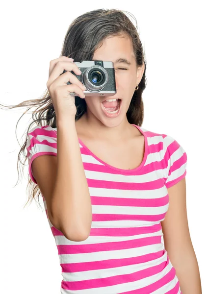 Fun happy young girl taking a photo — Stock Photo, Image