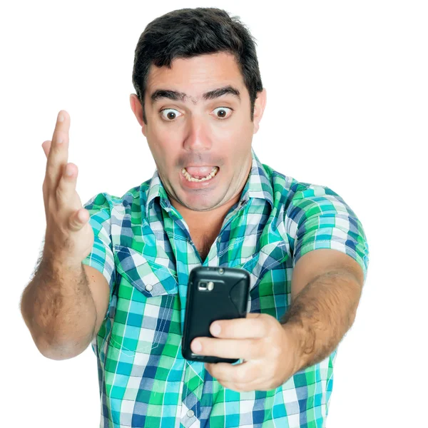 Excited man yelling at his phone — Stock Photo, Image